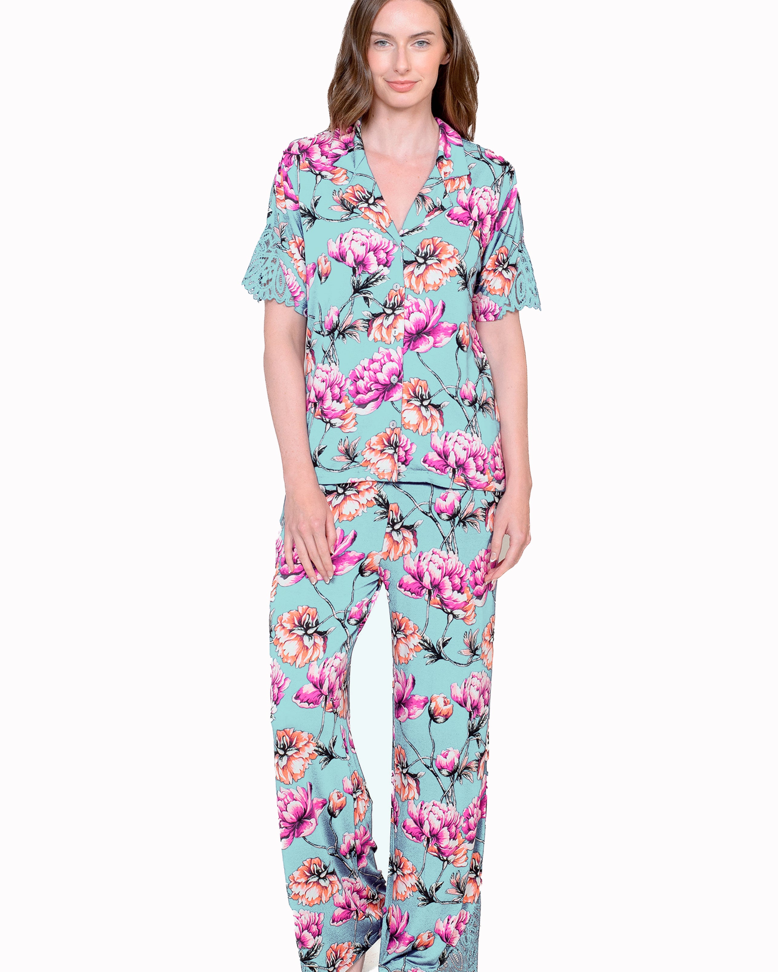 Lace Notch Collar Pant Set