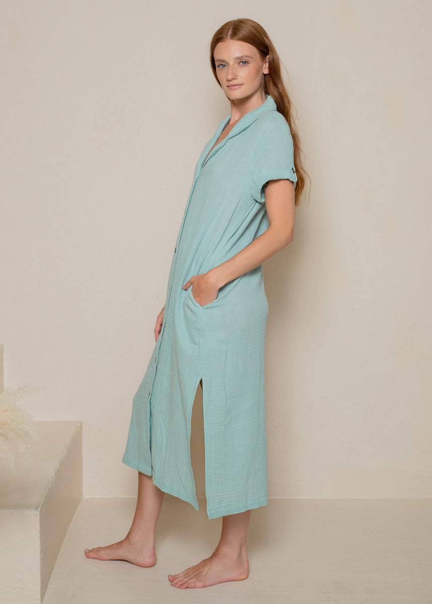 CRINKLED COTTON GAUZE SHIRT DRESS