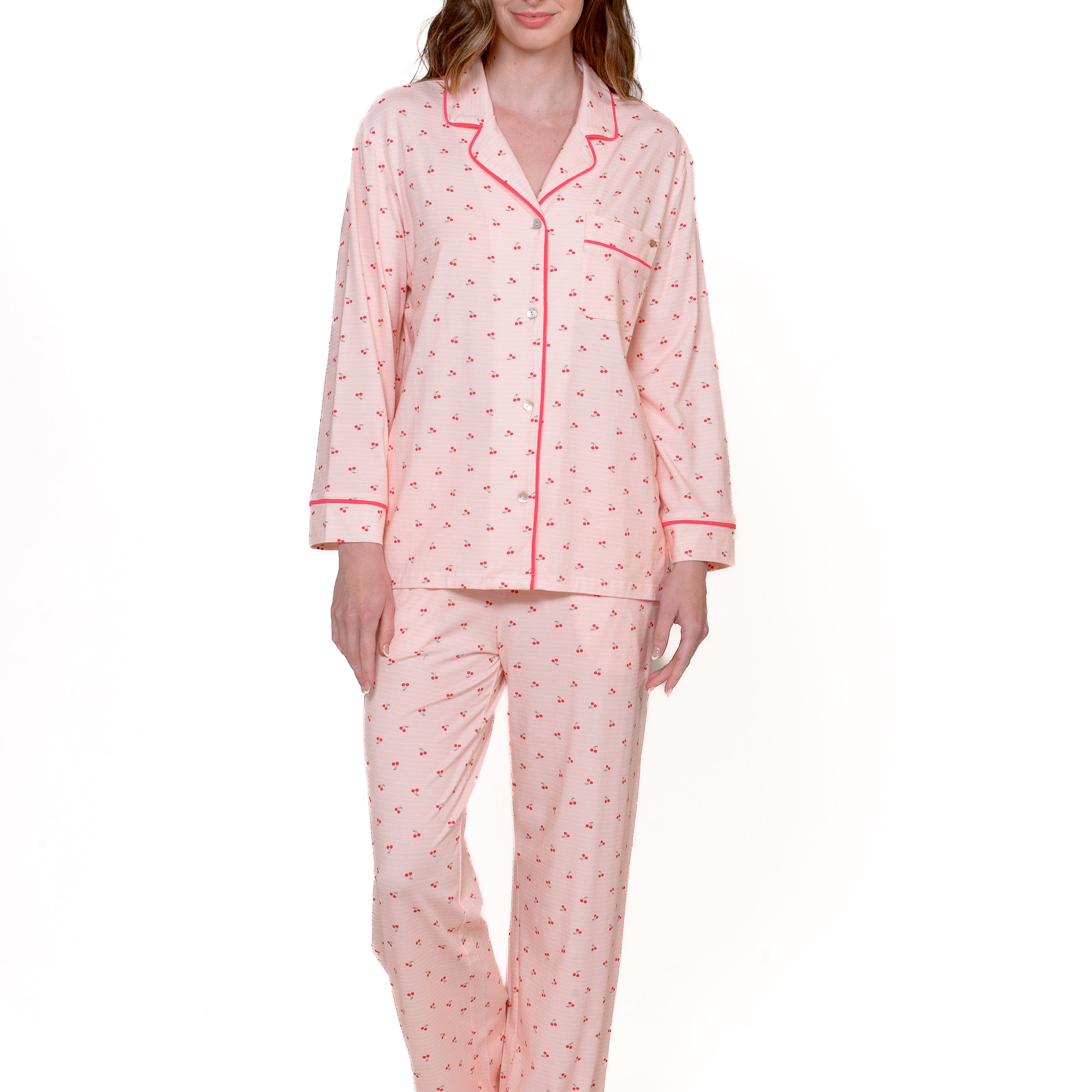 Notch Collar Long Sleeve Top Pant Pajama Set