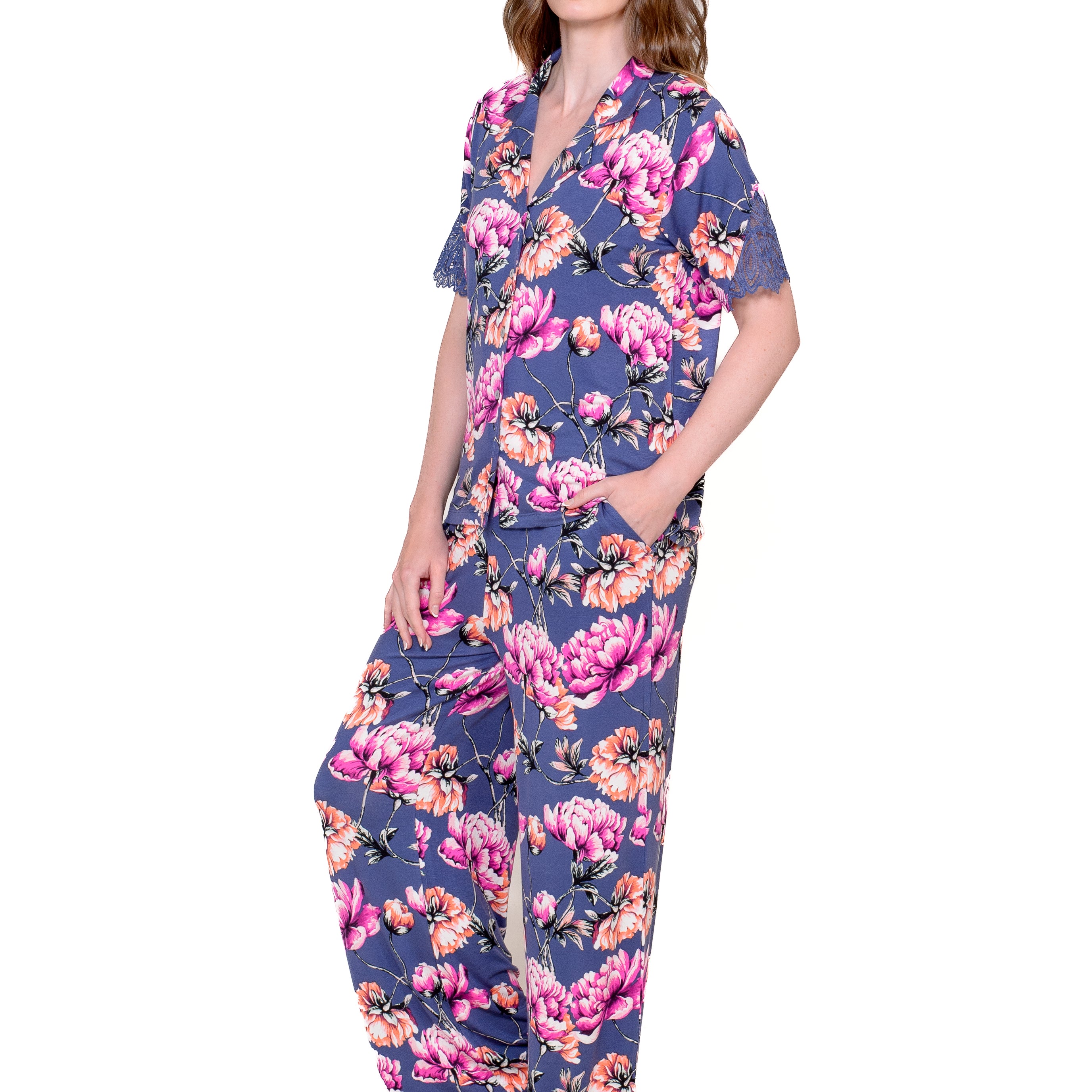 Lace Notch Collar Pant Set