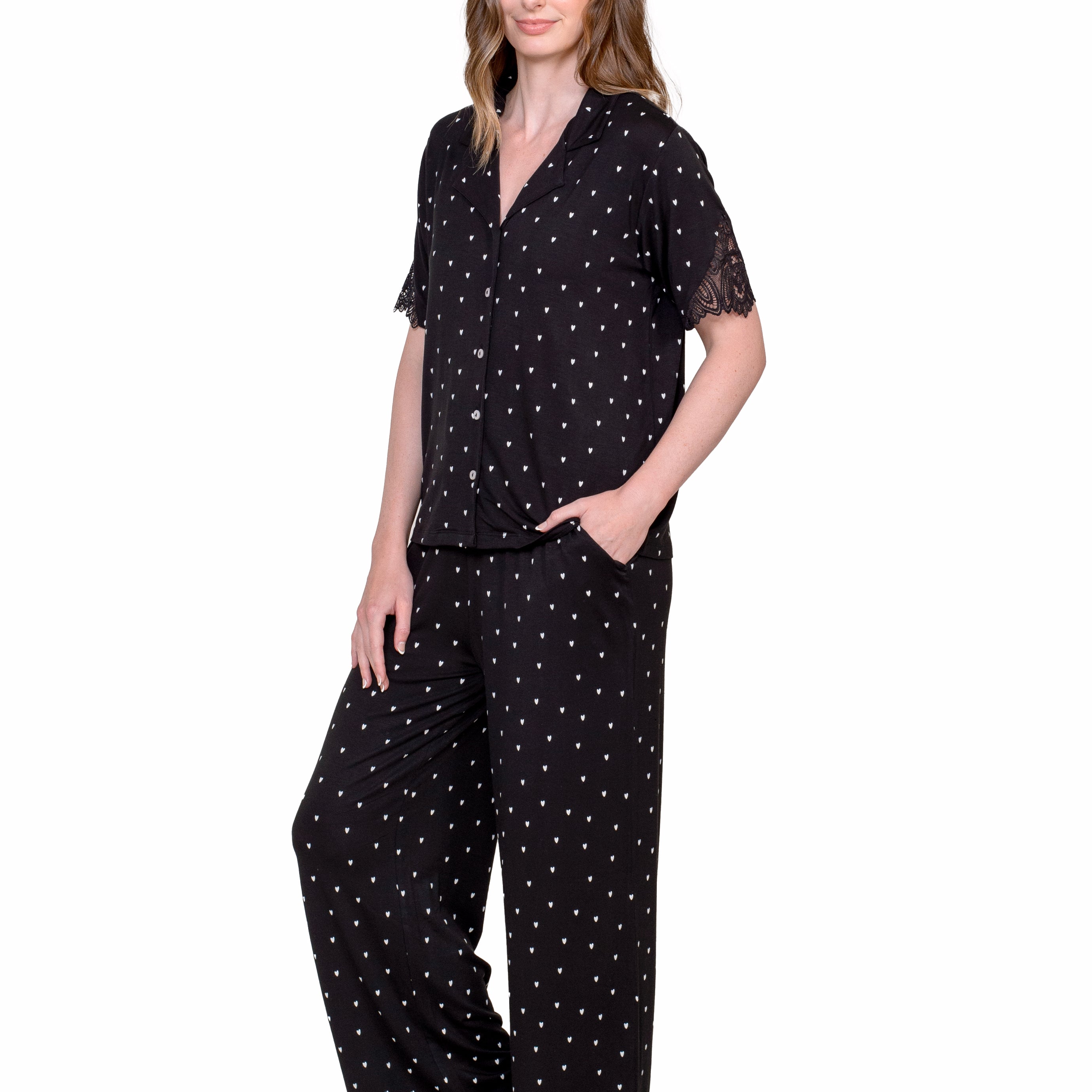 Lace Notch Collar Pant Set