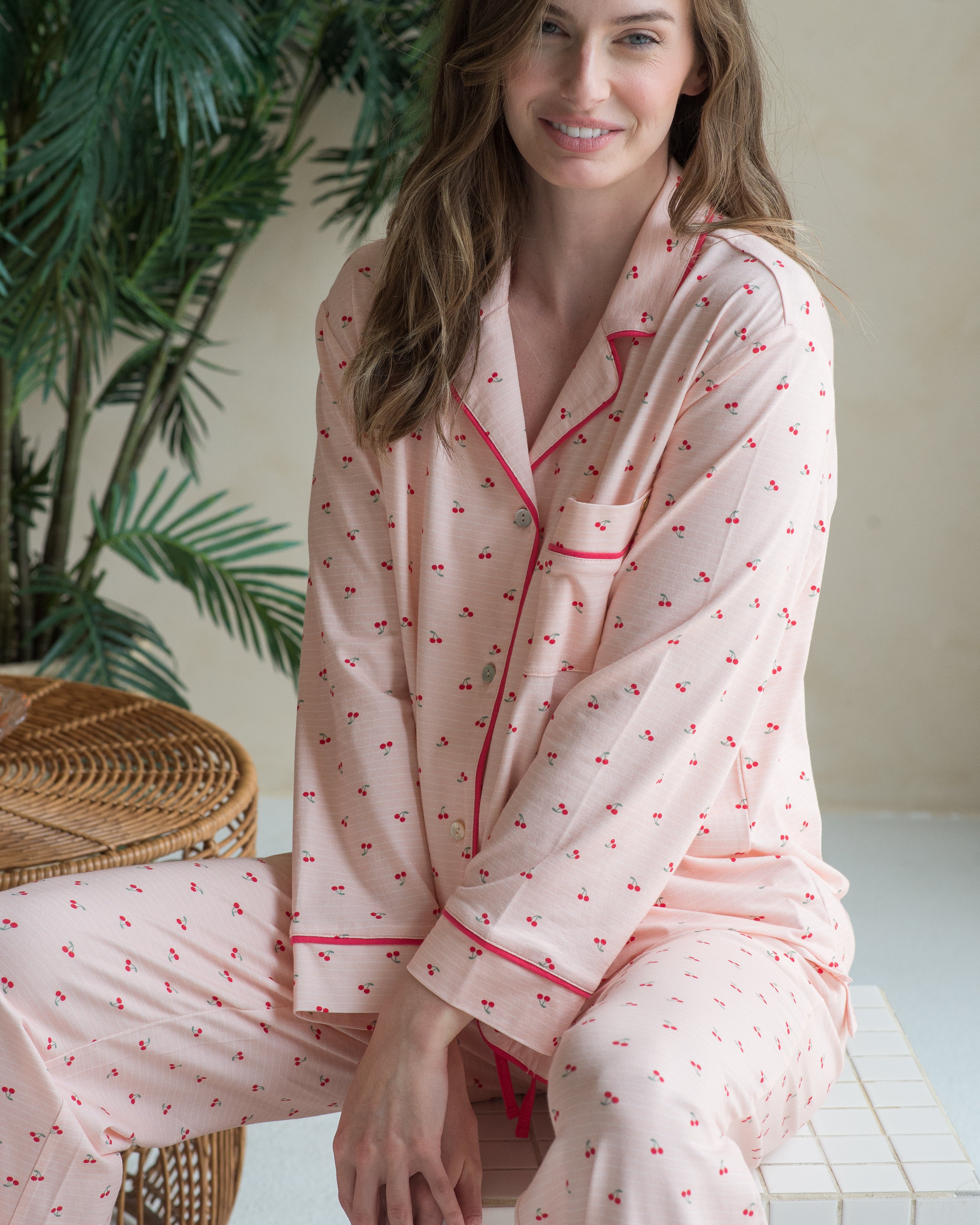Notch Collar Long Sleeve Top Pant Pajama Set