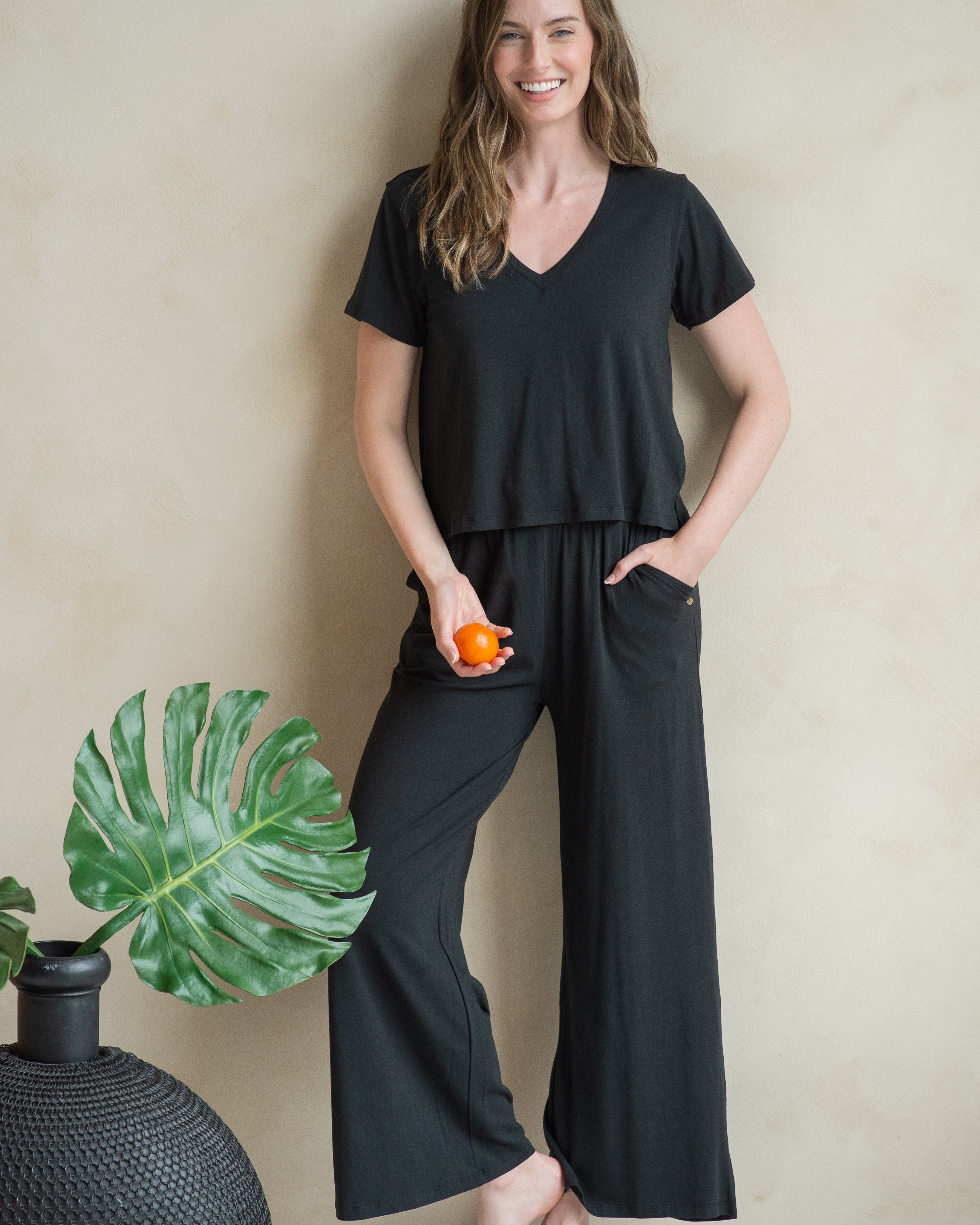 V NECK TEE & WIDE LEG LOUNGE PANT SET