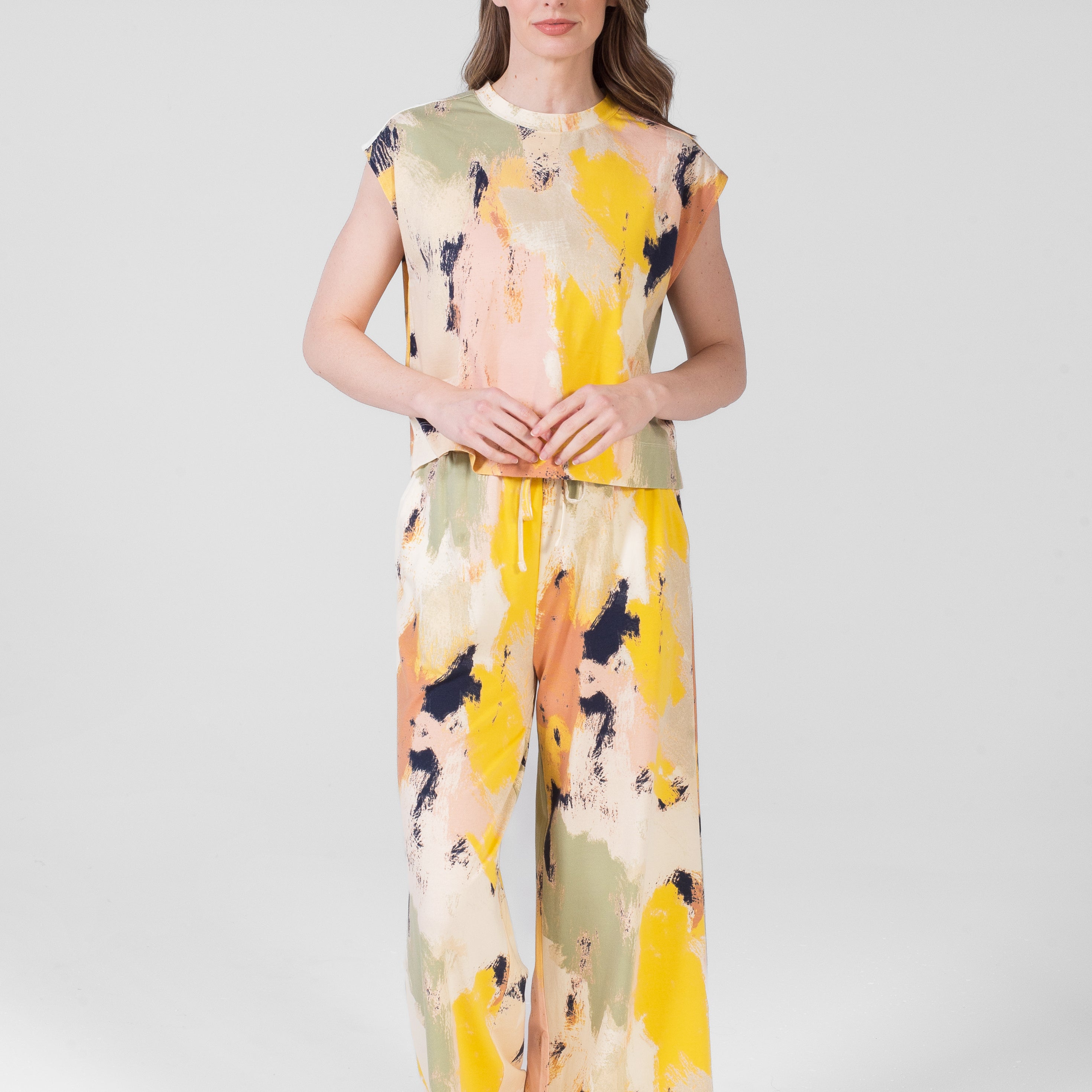 Marble Mock Neck Top With High Waist Pant Set