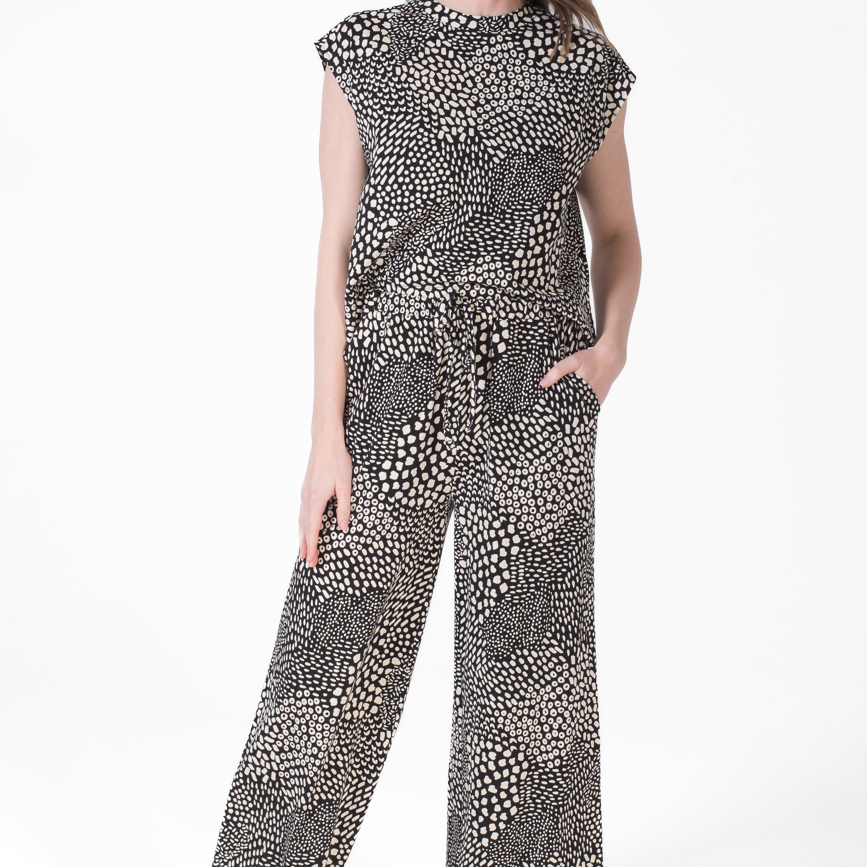Marble Mock Neck Top With High Waist Pant Set