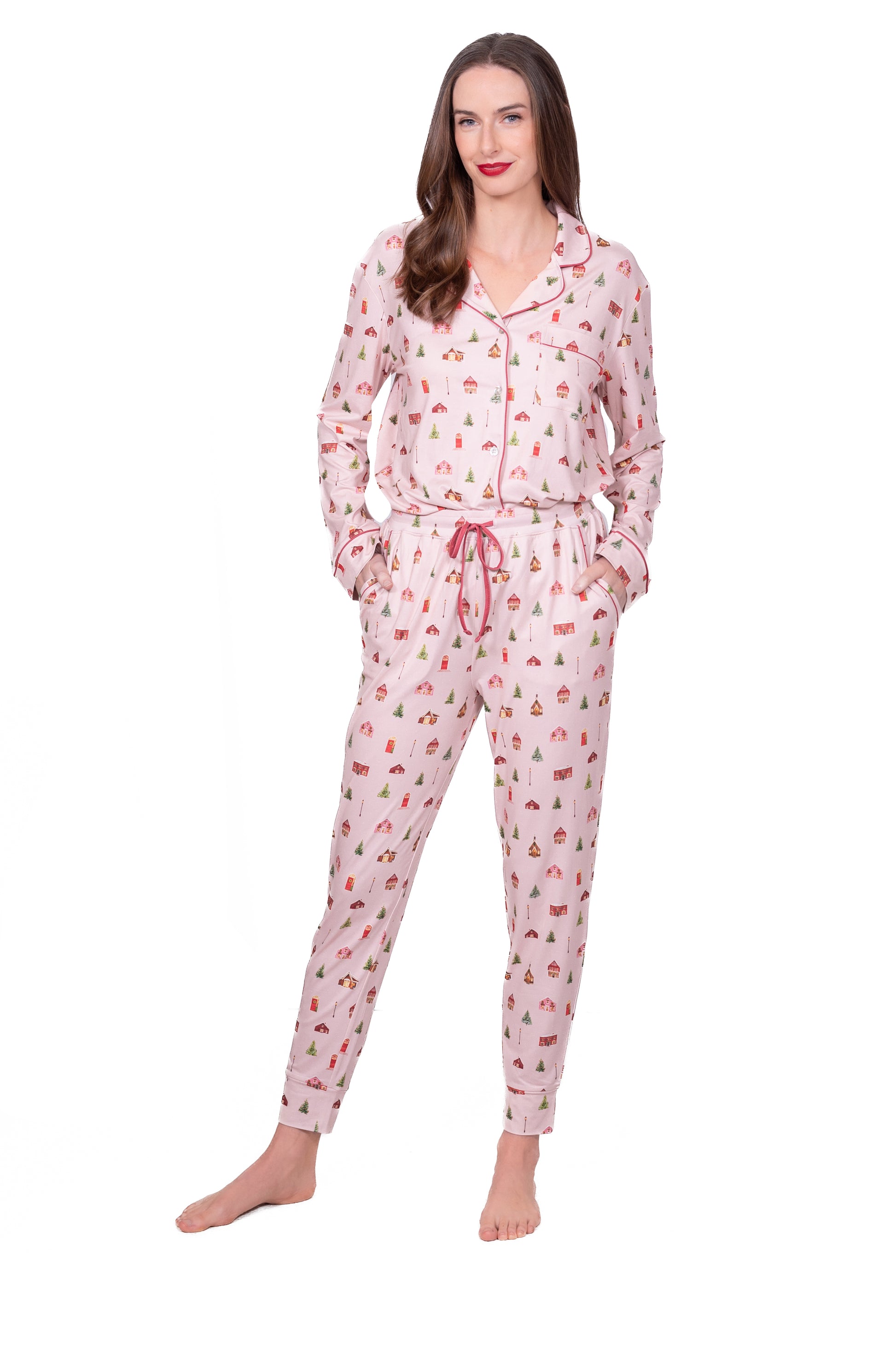Long Sleeve Notch Collar Top & Jogger Pajama Set