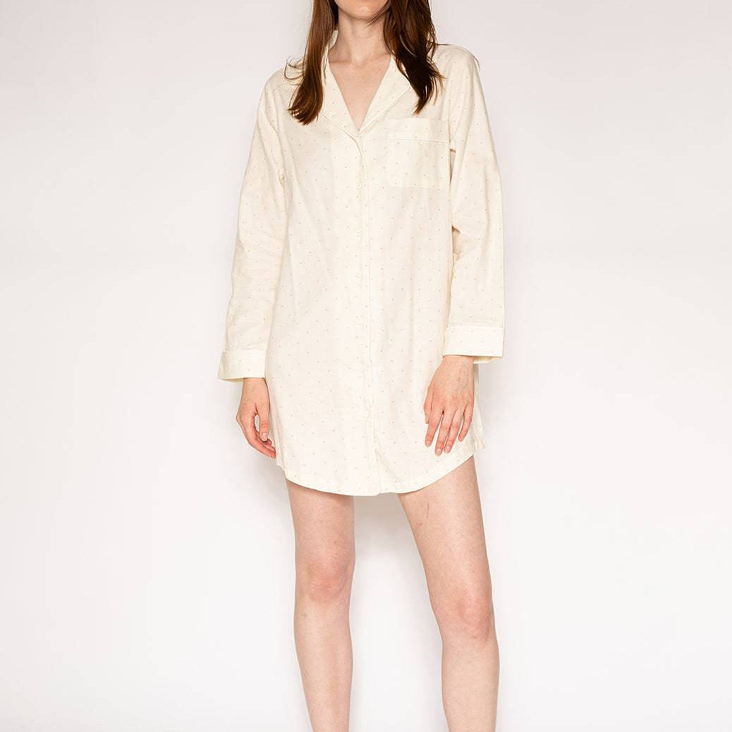 Long Sleeve Flannel Night Shirt - Irish Cream Pindot - LATTELOVE Co.