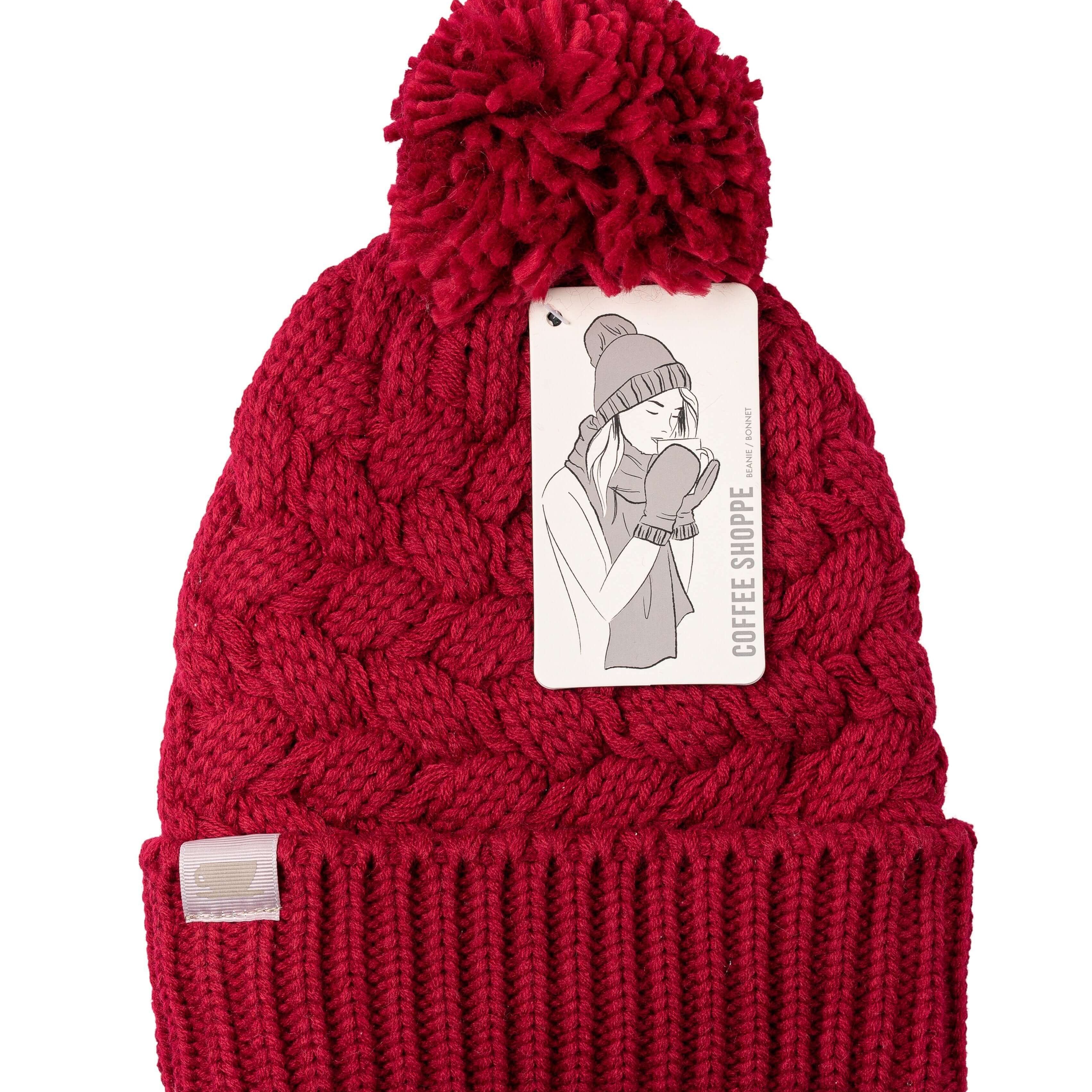 Basket Weave Plush Beanie Hat with Pom Pom - Deep Red - LATTELOVE Co.