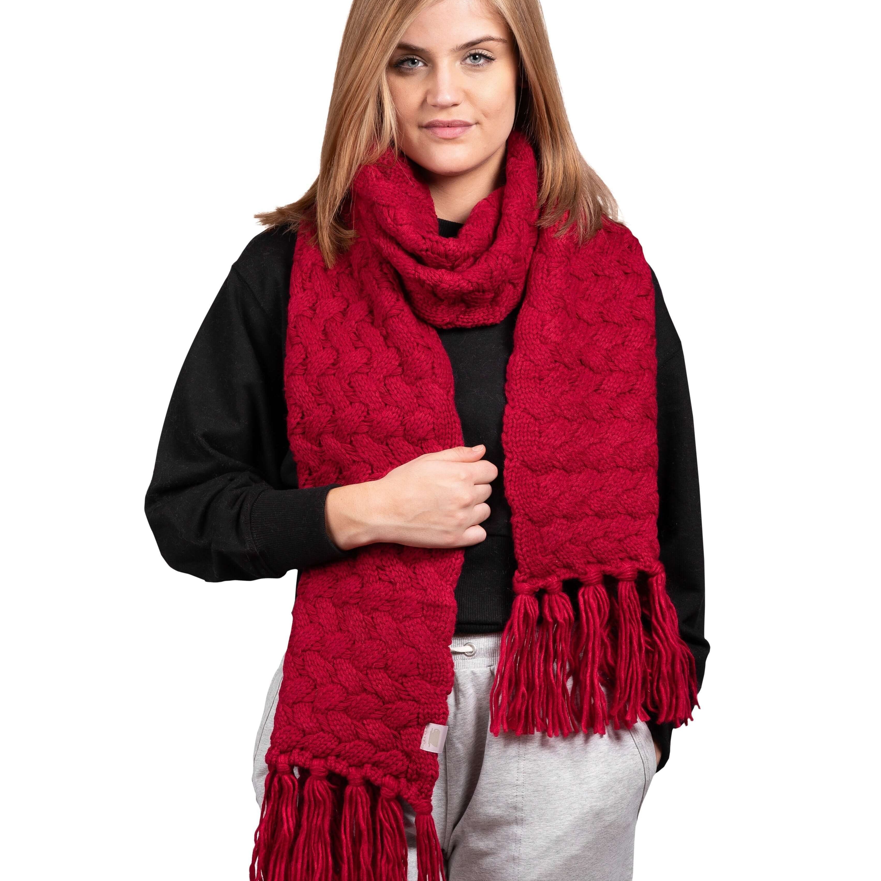 Basket Weave Tassel Wrap Scarf - Deep Red - LATTELOVE Co.