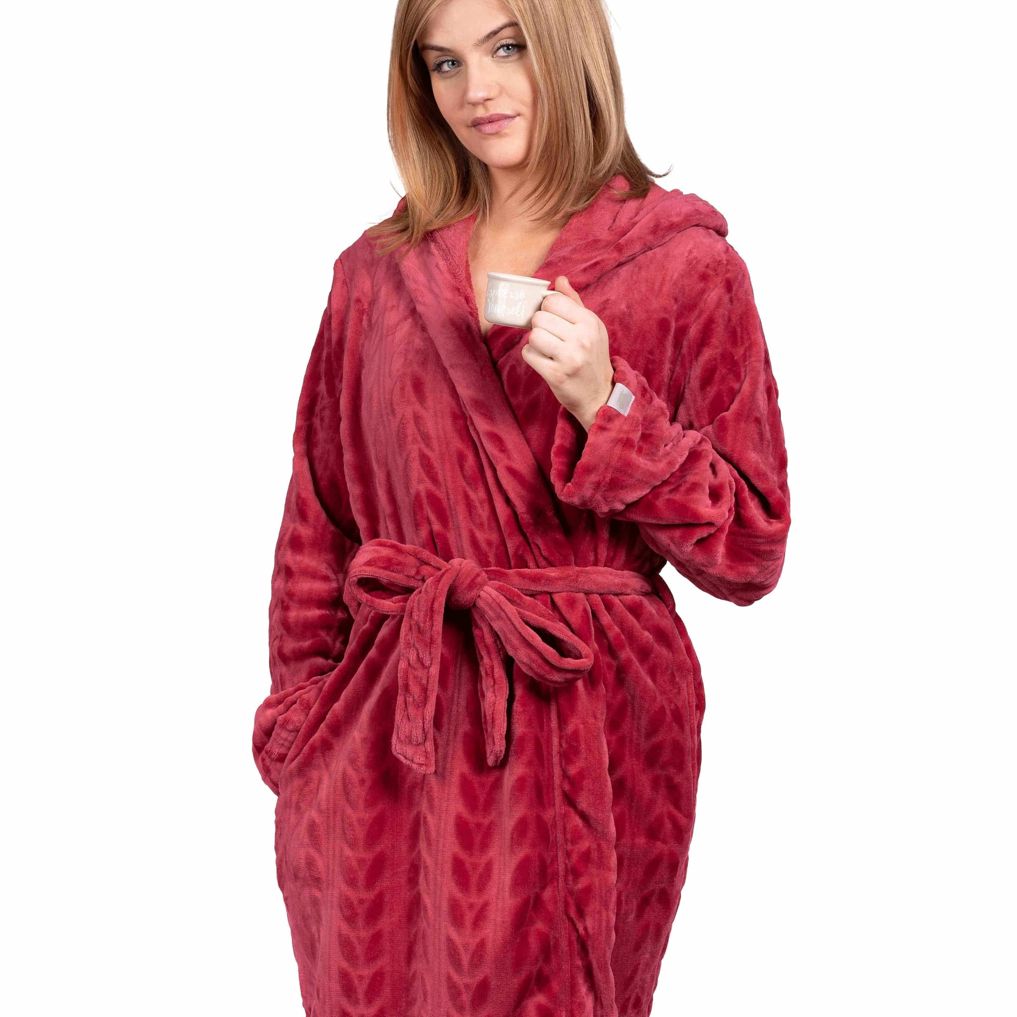 Spa-Day Hooded Plush Robe - Deep Red - LATTELOVE Co.