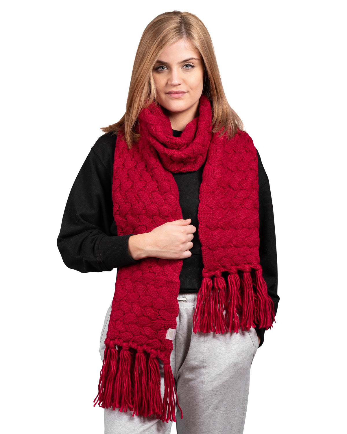 Embrace the Cold in Style: Stay Cozy with Coffee Shoppe's Textured Cable Collection in Deep Red!"