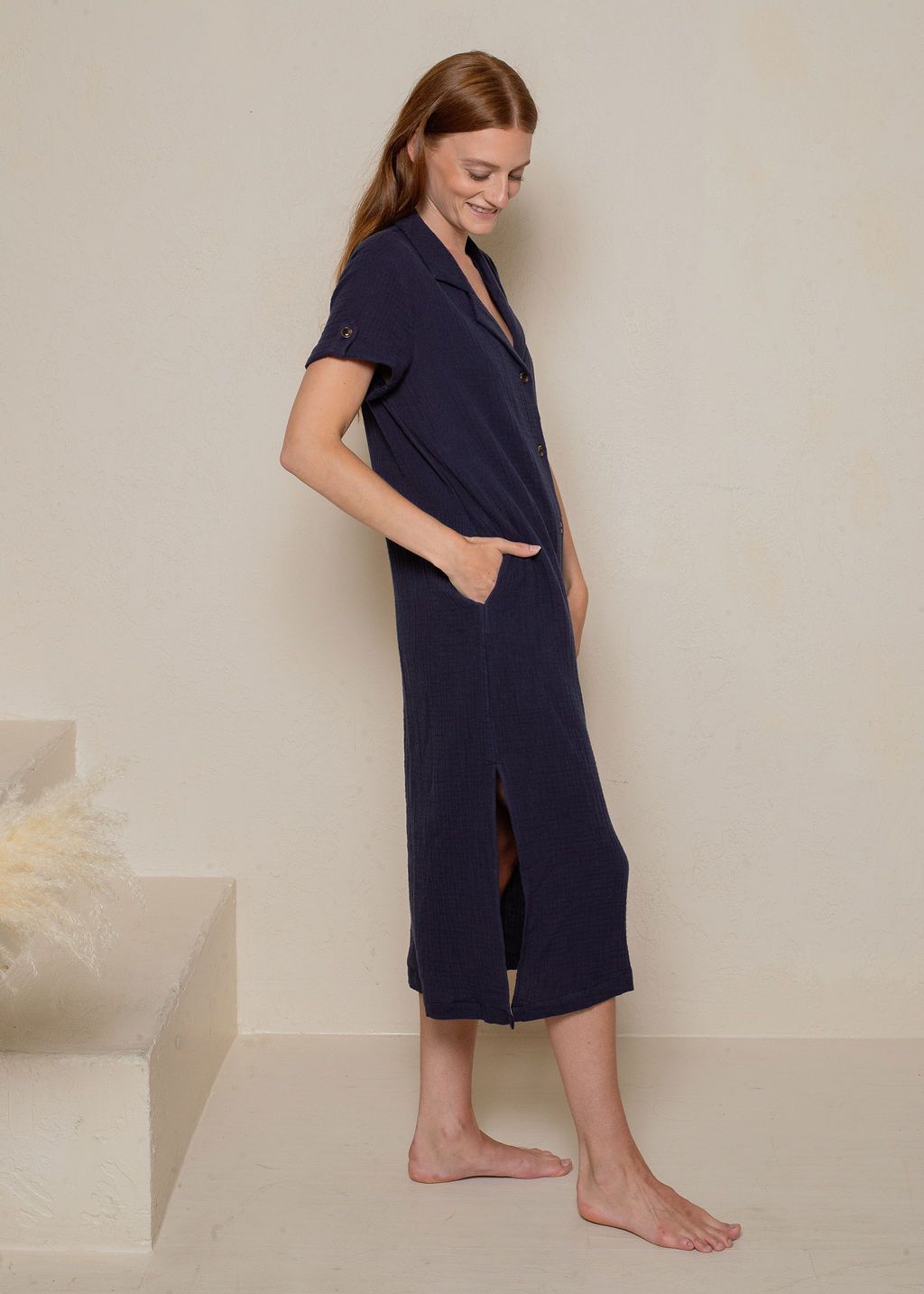 CRINKLED COTTON GAUZE SHIRT DRESS