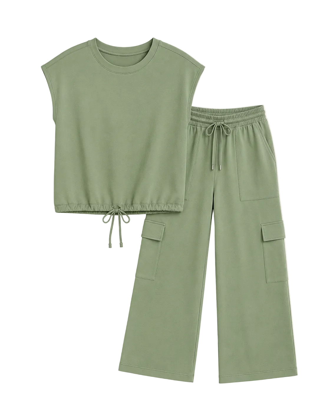 A two-piece children's lounge set in sage green, featuring a sleeveless cropped top with a drawstring hem and matching wide-leg cargo pants with side pockets, laid flat on a light beige background.