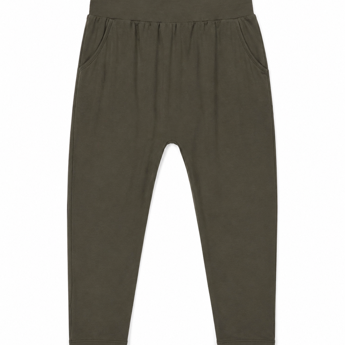 A pair of dark olive green leggings with a gathered elastic waistband and side pockets, shown flat on a white background.