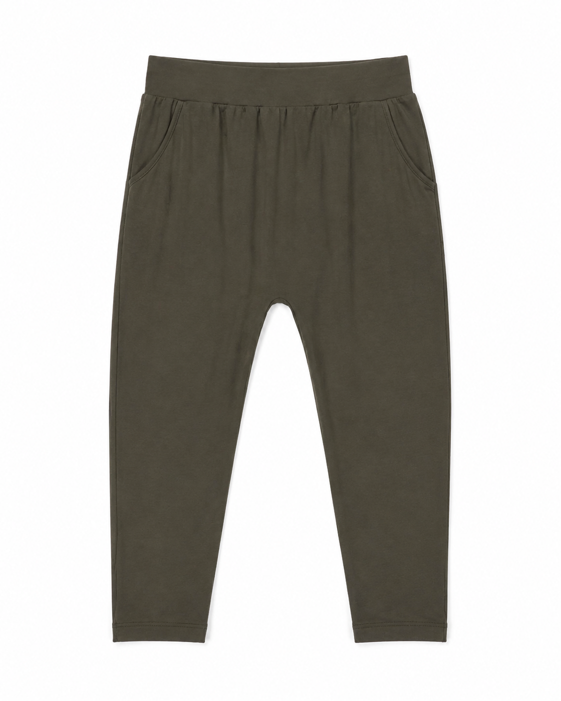 A pair of dark olive green leggings with a gathered elastic waistband and side pockets, shown flat on a white background.