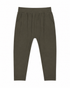 A pair of dark olive green leggings with a gathered elastic waistband and side pockets, shown flat on a white background.