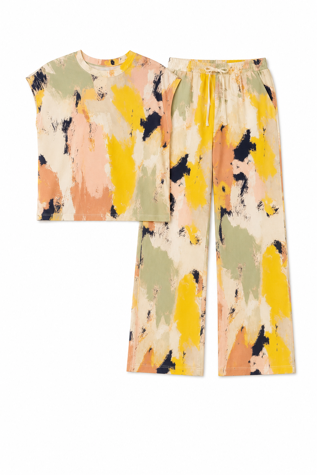 Marble Mock Neck Top With High Waist Pant Set