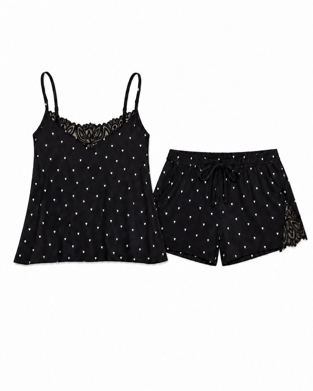 A two-piece women's pajama set featuring a black camisole top with thin straps, a lace-trimmed neckline, and white polka dots, paired with matching black shorts that have a drawstring waist and lace trim at the side hem, shown on a plain white background.