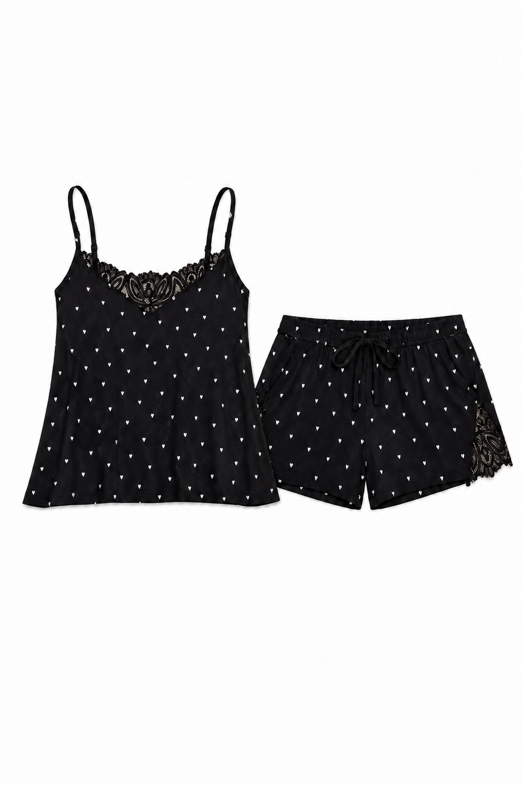 A two-piece women's pajama set featuring a black camisole top with thin straps, a lace-trimmed neckline, and white polka dots, paired with matching black shorts that have a drawstring waist and lace trim at the side hem, shown on a plain white background.