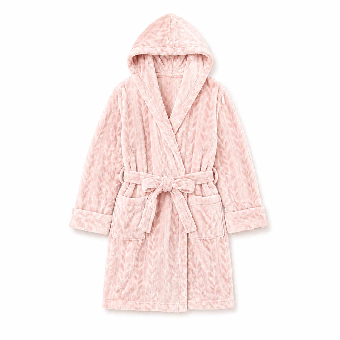 A light pink hooded bathrobe with a textured chevron pattern, featuring a shawl collar, long sleeves with ribbed cuffs, a matching tie belt, and front patch pockets, shown against a plain white background.