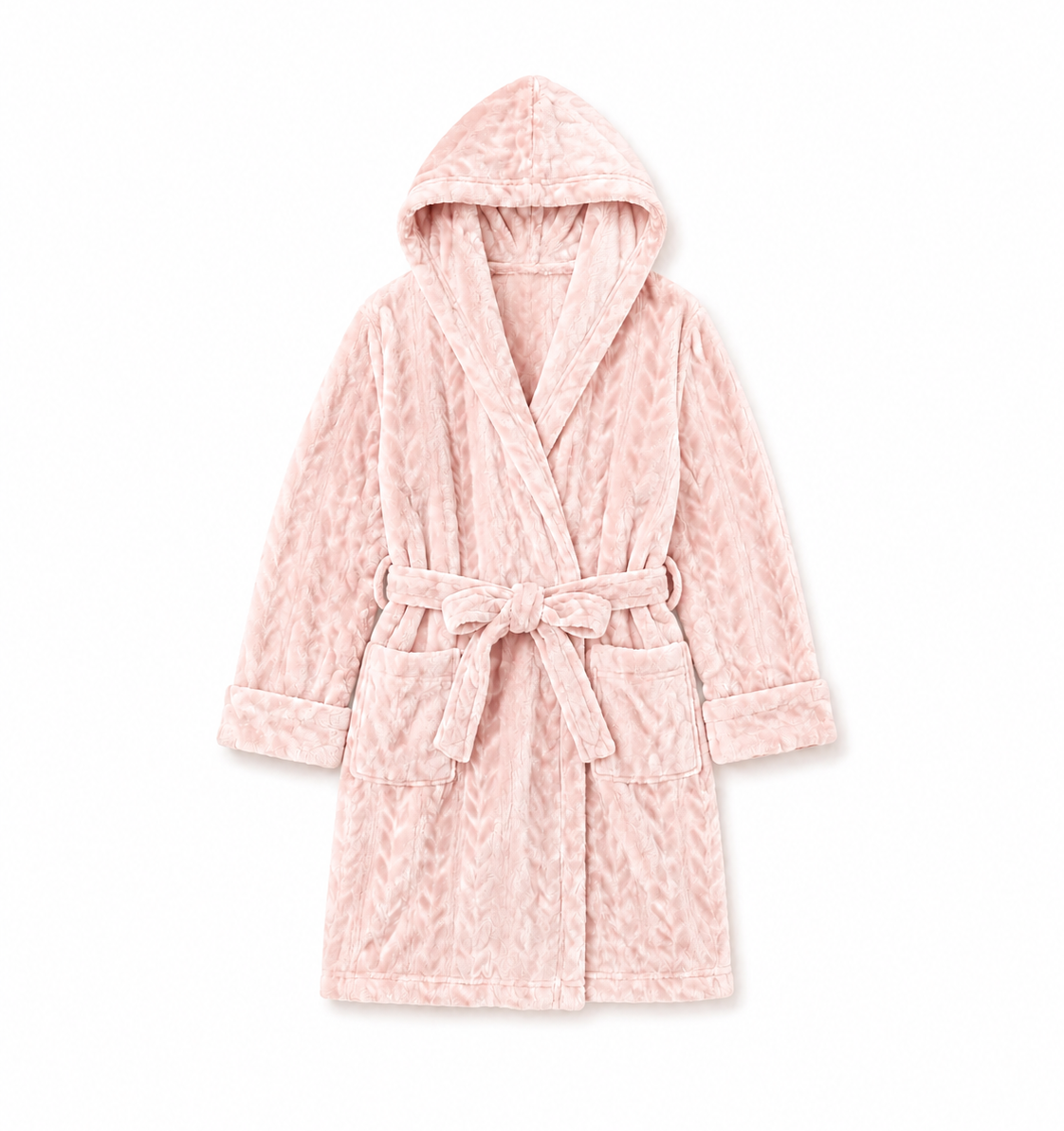 A light pink hooded bathrobe with a textured chevron pattern, featuring a shawl collar, long sleeves with ribbed cuffs, a matching tie belt, and front patch pockets, shown against a plain white background.