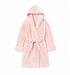 A light pink hooded bathrobe with a textured chevron pattern, featuring a shawl collar, long sleeves with ribbed cuffs, a matching tie belt, and front patch pockets, shown against a plain white background.
