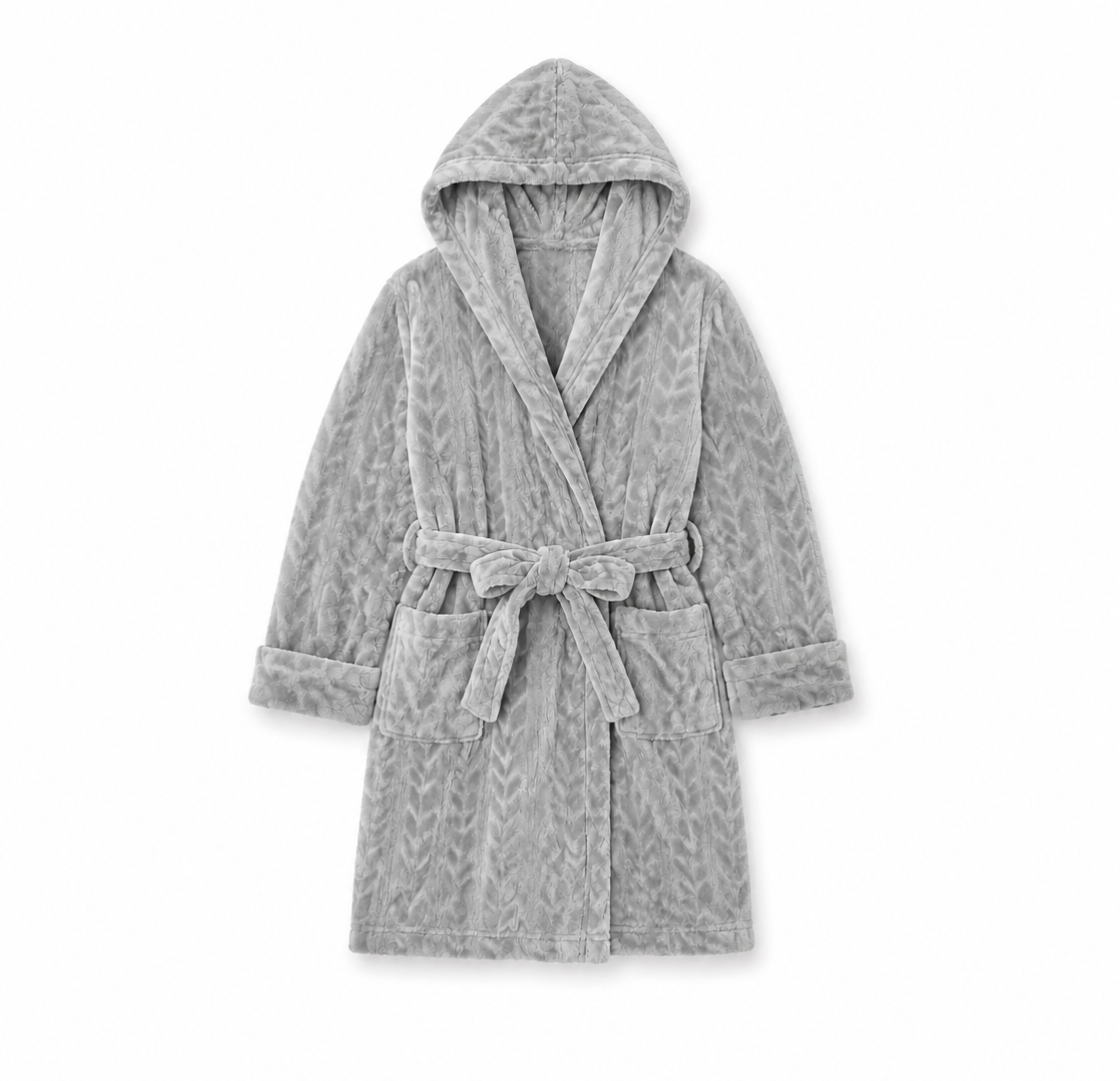 A light gray hooded bathrobe with a matching tie belt, featuring a subtle textured pattern, displayed on a clean white background.