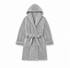 A light gray hooded bathrobe with a matching tie belt, featuring a subtle textured pattern, displayed on a clean white background.