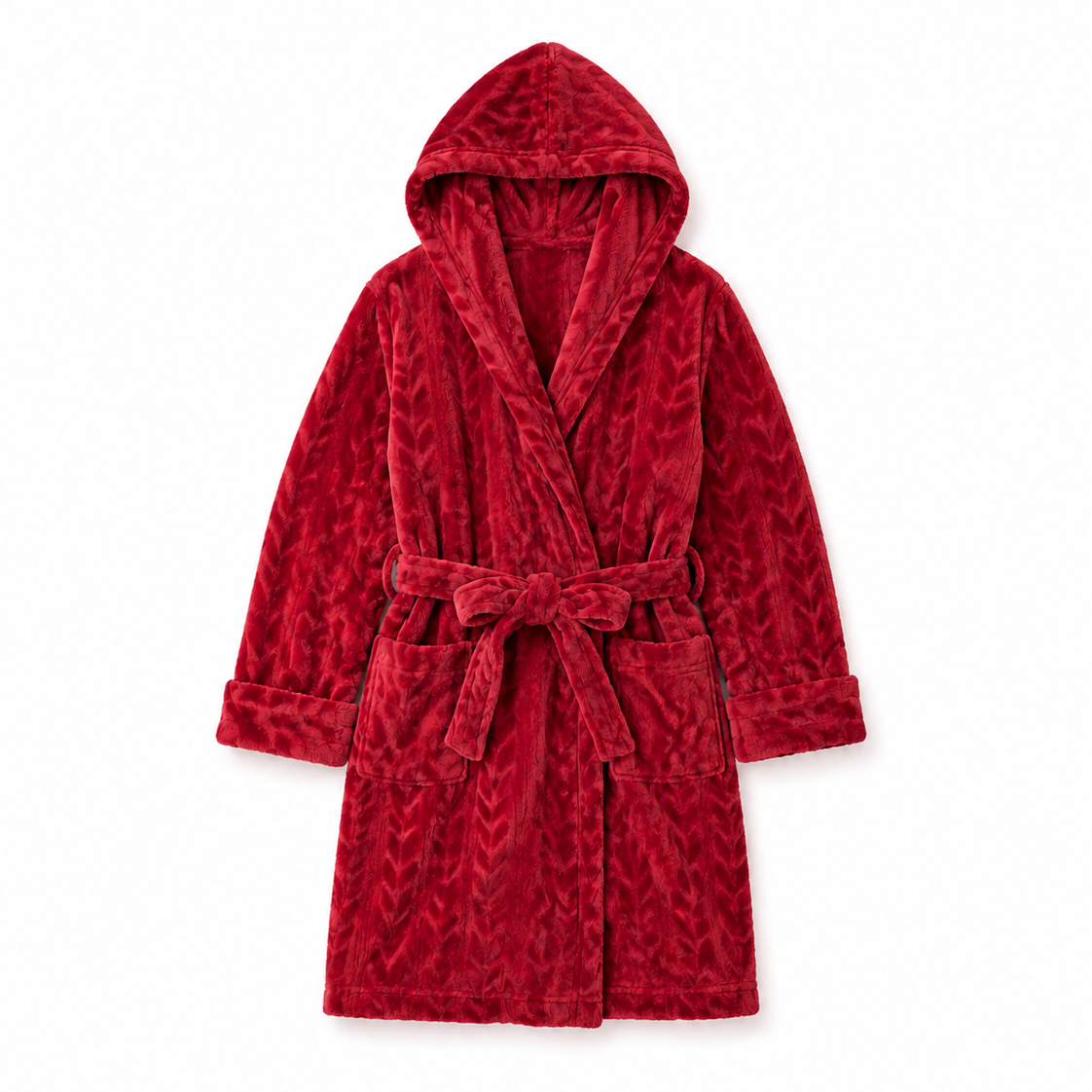 A plush hooded bathrobe in deep red with a subtle tonal textured pattern, featuring a tie belt and front pockets, shown against a plain white background.