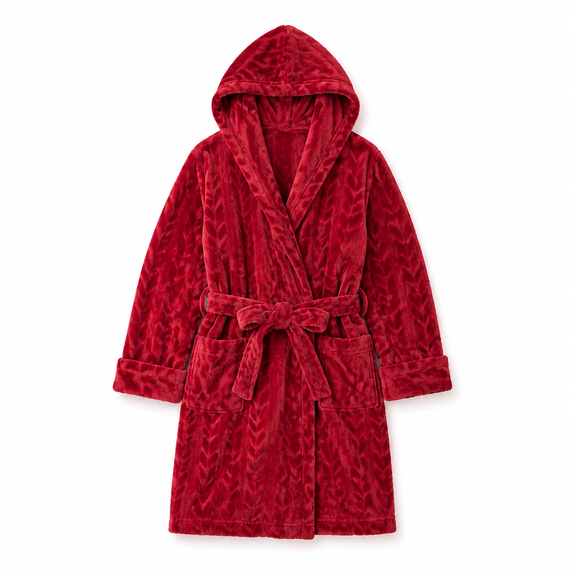A plush hooded bathrobe in deep red with a subtle tonal textured pattern, featuring a tie belt and front pockets, shown against a plain white background.