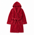 A plush hooded bathrobe in deep red with a subtle tonal textured pattern, featuring a tie belt and front pockets, shown against a plain white background.