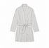 A light gray heathered cotton bathrobe with a shawl collar, long sleeves, front pockets, and a matching tie belt, shown flat on a white background.
