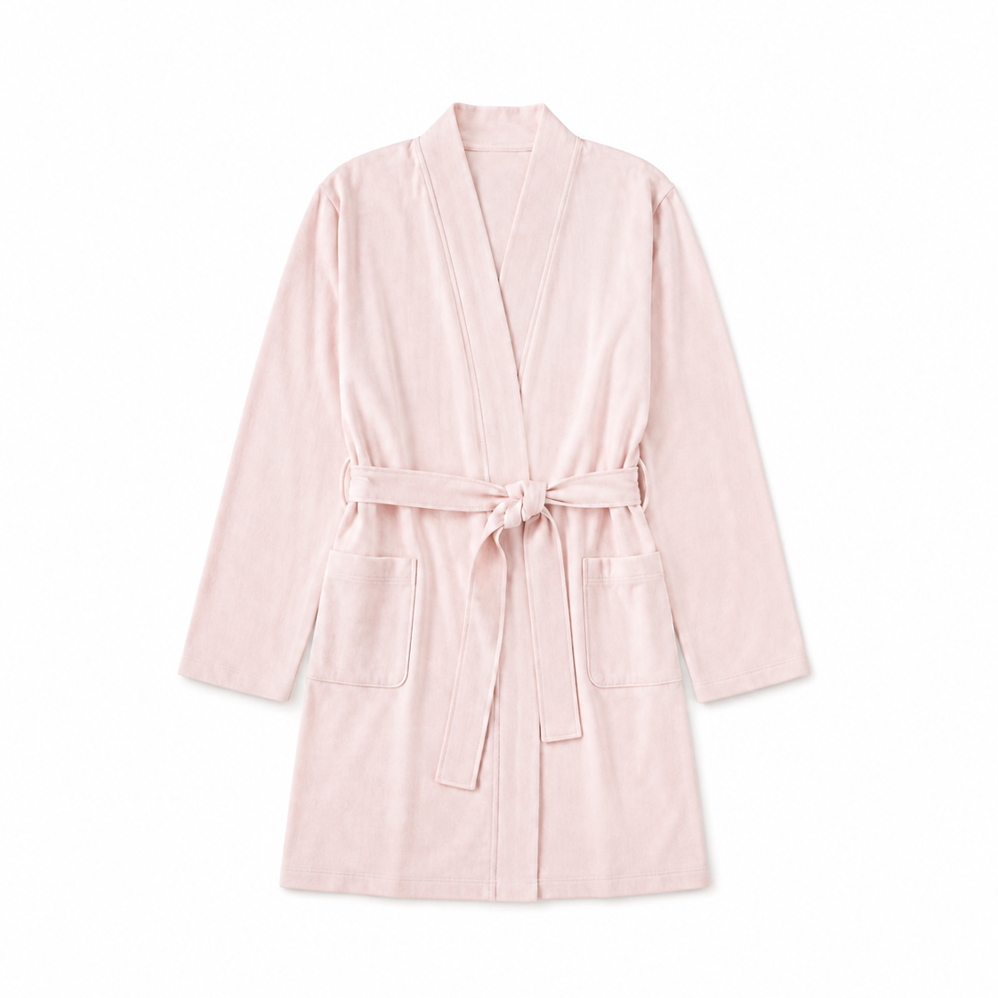 A light pink cotton bathrobe with a tie belt and front patch pockets, displayed flat against a solid white background.