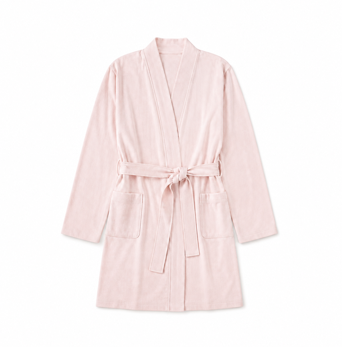 A light pink cotton bathrobe with a tie belt and front patch pockets, displayed flat against a solid white background.
