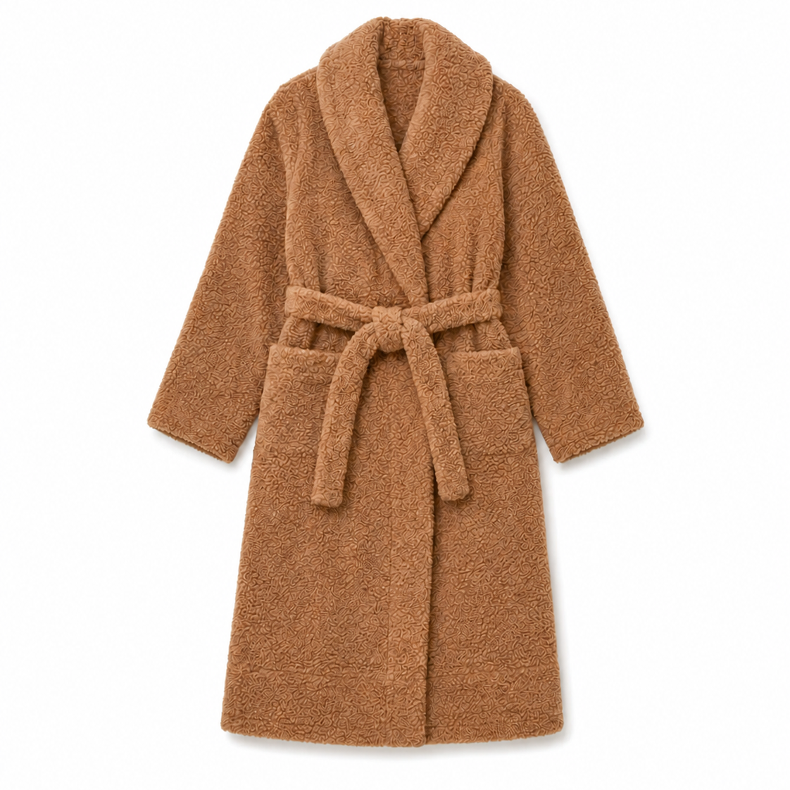 A plush, textured brown bathrobe with a shawl collar, tie belt, and front patch pockets, shown flat on a white background.