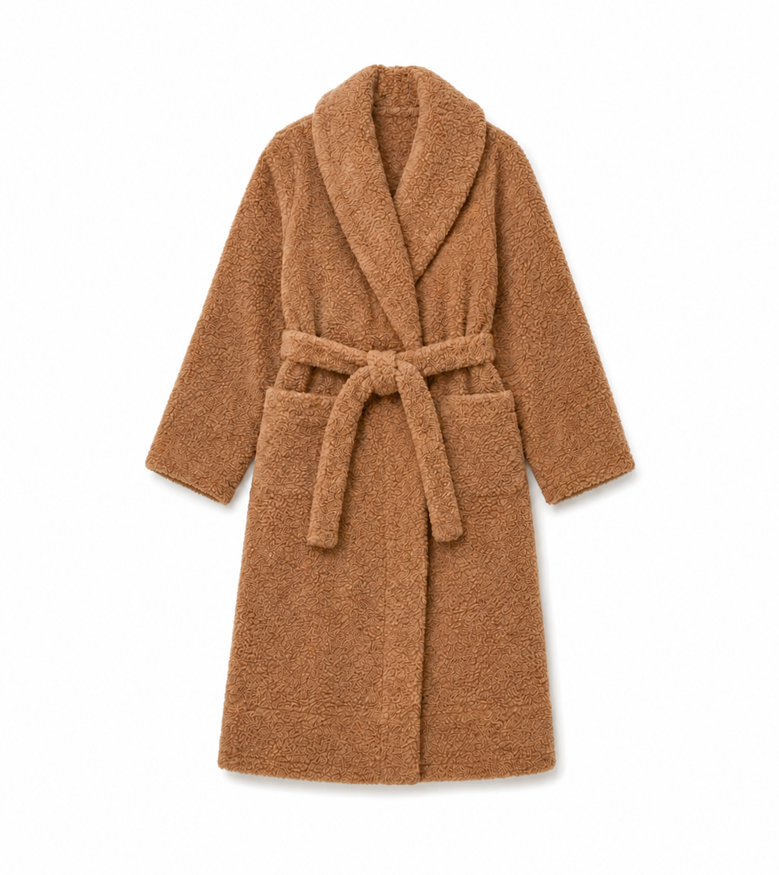 A plush, textured brown bathrobe with a shawl collar, tie belt, and front patch pockets, shown flat on a white background.