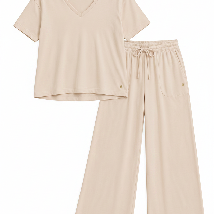 A two-piece loungewear set in a light cream-beige color, featuring a short-sleeve V-neck top and matching wide-leg drawstring pants, laid flat on a solid beige background.