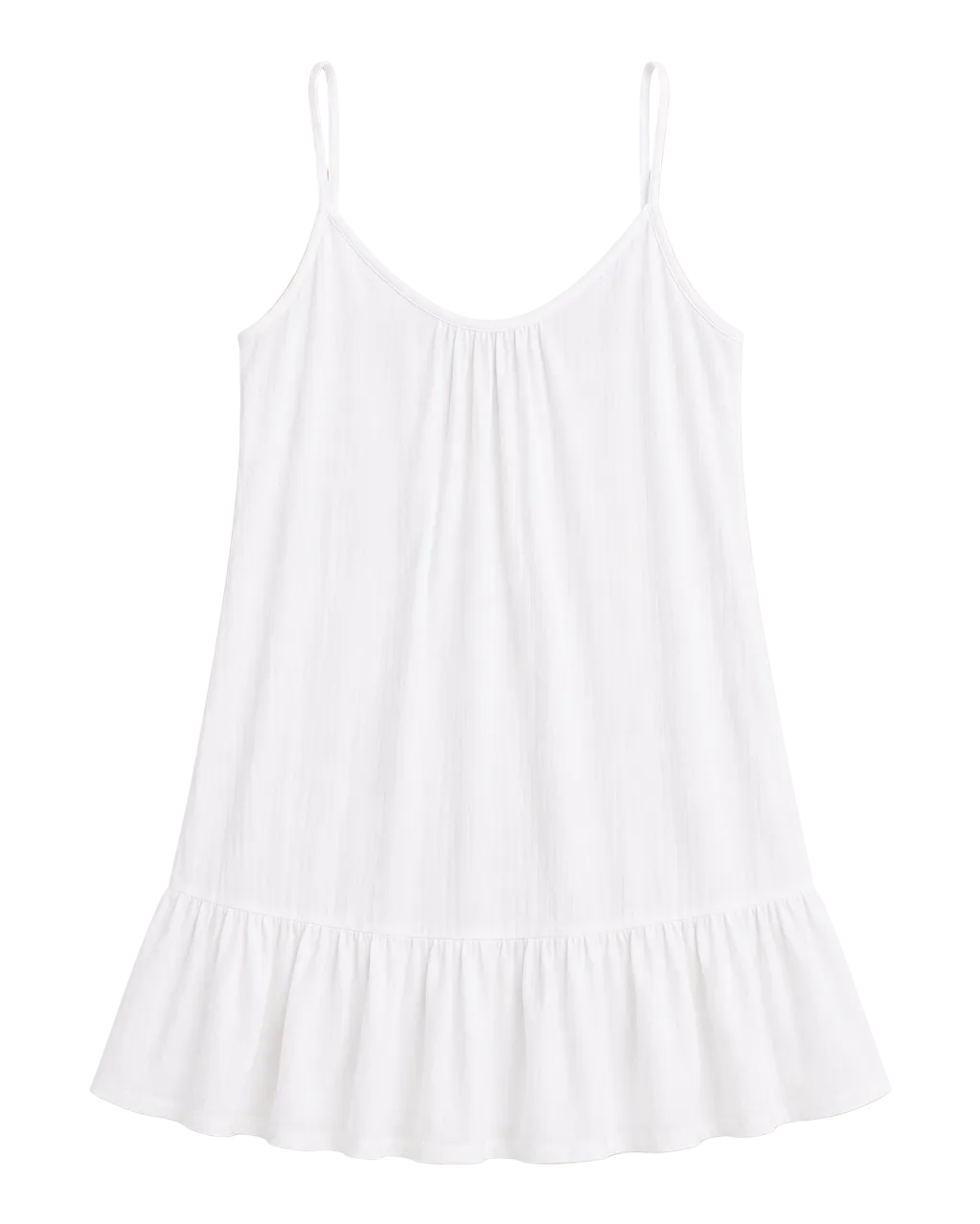 A white sleeveless camisole-style top with thin shoulder straps, a gathered neckline, and a ruffled hem, shown flat against a light beige background.
