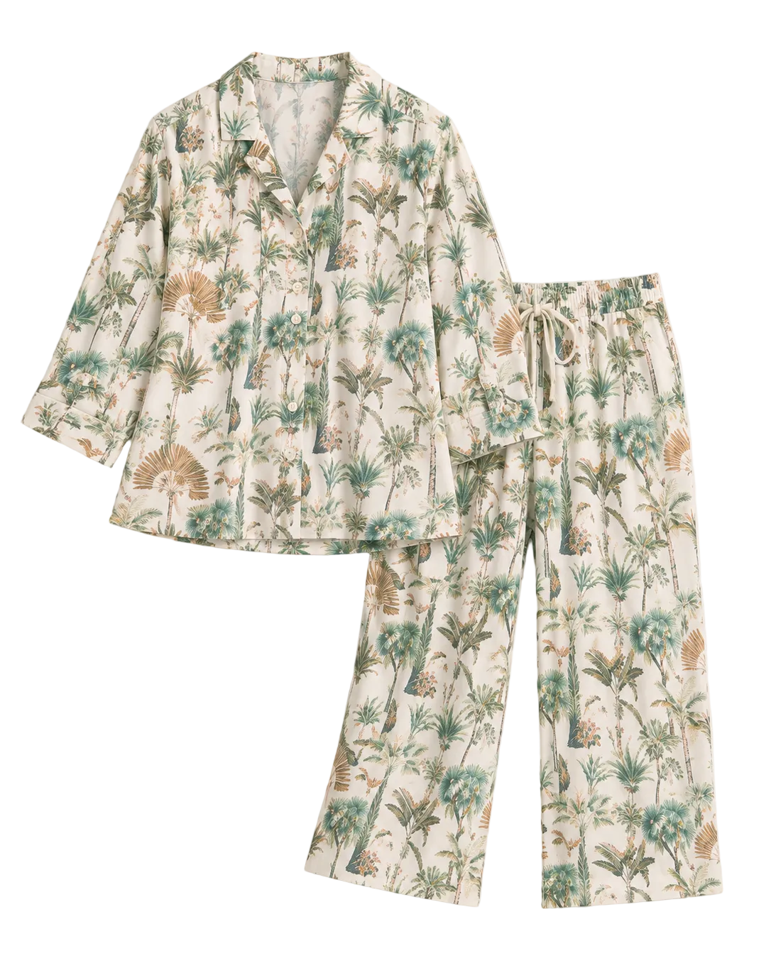 A two-piece pajama set featuring a long-sleeve button-up shirt and matching wide-leg pants, both printed with a tropical palm tree and palm leaf pattern in shades of green and beige on an off-white background.