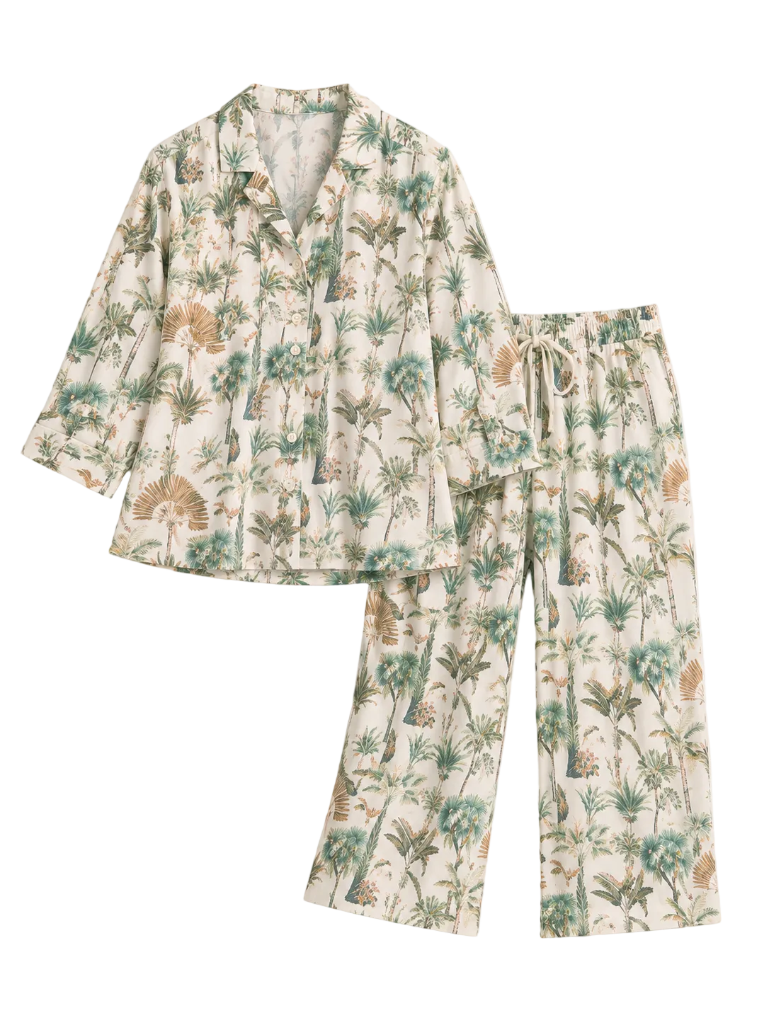 A two-piece pajama set featuring a long-sleeve button-up shirt and matching wide-leg pants, both printed with a tropical palm tree and palm leaf pattern in shades of green and beige on an off-white background.