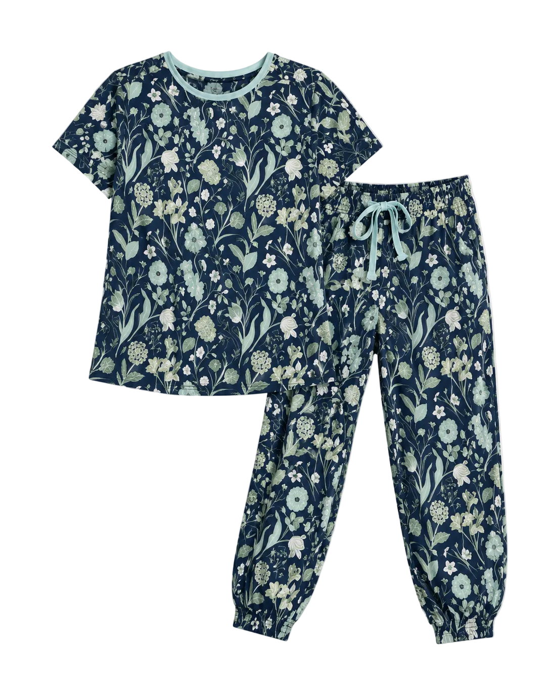A two-piece pajama set featuring a short-sleeve top and matching jogger pants in a navy blue floral print with light green and white flowers, laid flat on a light beige background.