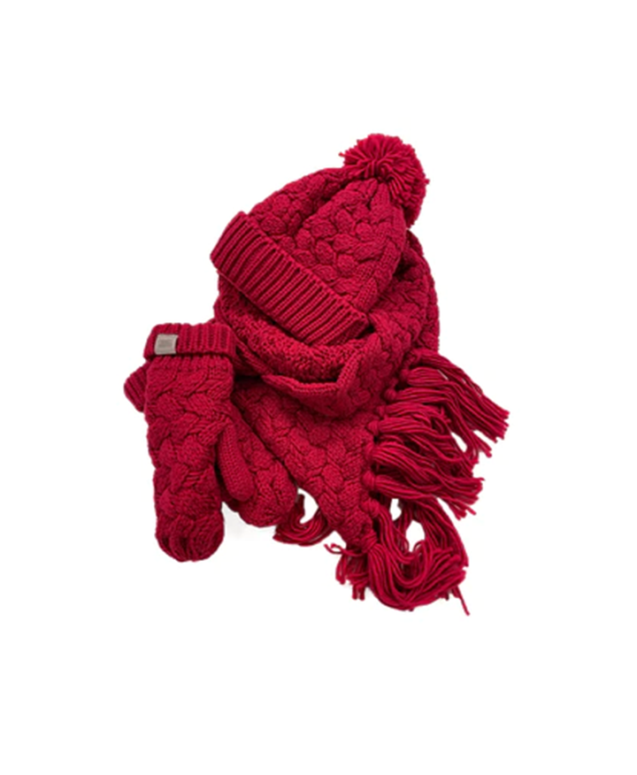 Embrace the Cold in Style: Stay Cozy with Coffee Shoppe's Textured Cable Collection in Deep Red!"