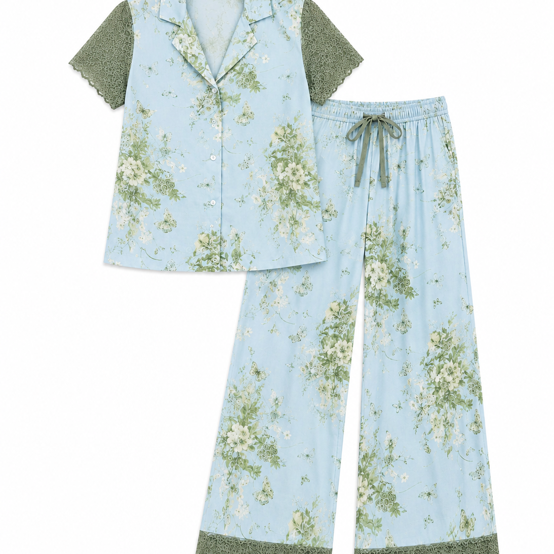A two-piece women's pajama set featuring a light blue short-sleeve button-front top with sage green sleeve panels and matching floral print, paired with wide-leg pants in the same light blue and sage green floral pattern.