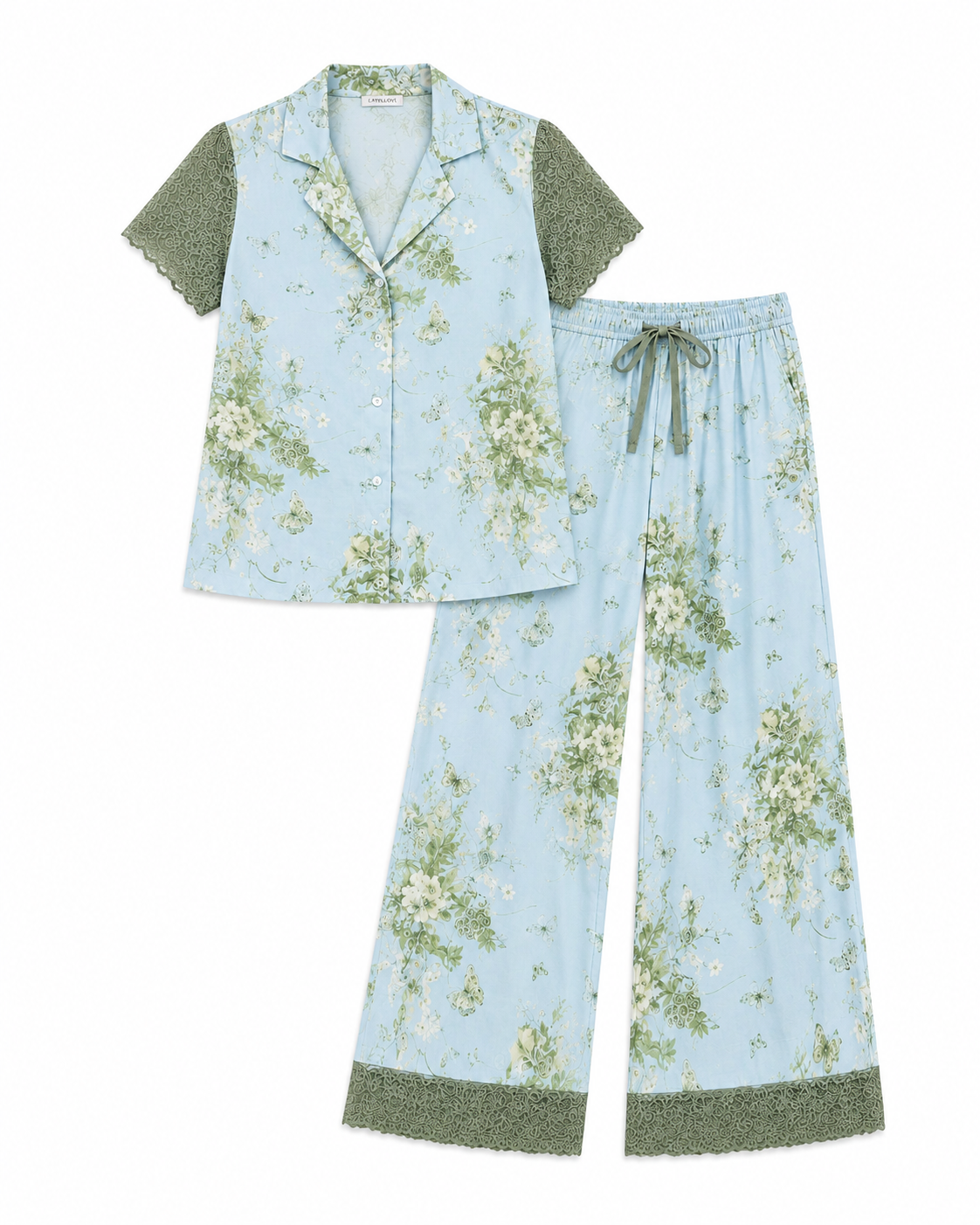 A two-piece women's pajama set featuring a light blue short-sleeve button-front top with sage green sleeve panels and matching floral print, paired with wide-leg pants in the same light blue and sage green floral pattern.