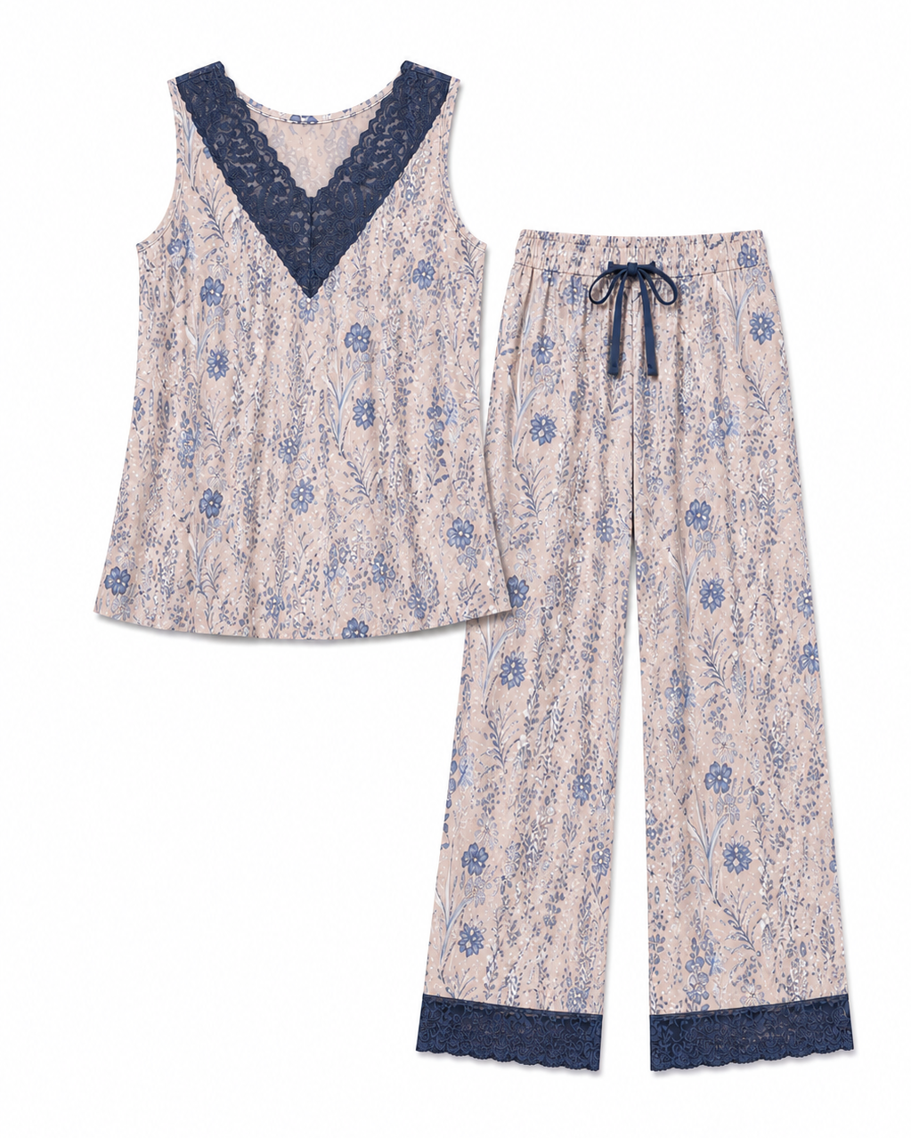 A two-piece women's pajama set featuring a sleeveless top and matching pants. The set has a light beige base with a blue floral pattern, navy blue lace trim on the top's neckline, and navy blue lace trim along the bottom hems of the pants, with a navy drawstring on the waist.