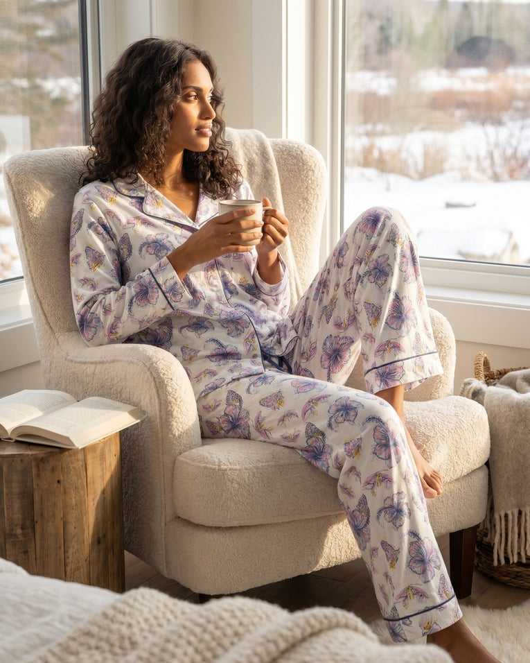 Long sleeve notch collar top & pant set