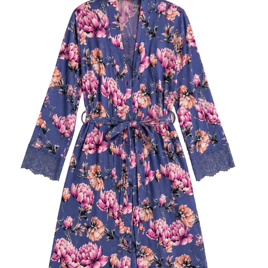 A 3/4 sleeve floral robe with a tie waist and lace trim at the cuffs, featuring a blue base with pink and purple peony patterns, laid flat on a beige background.