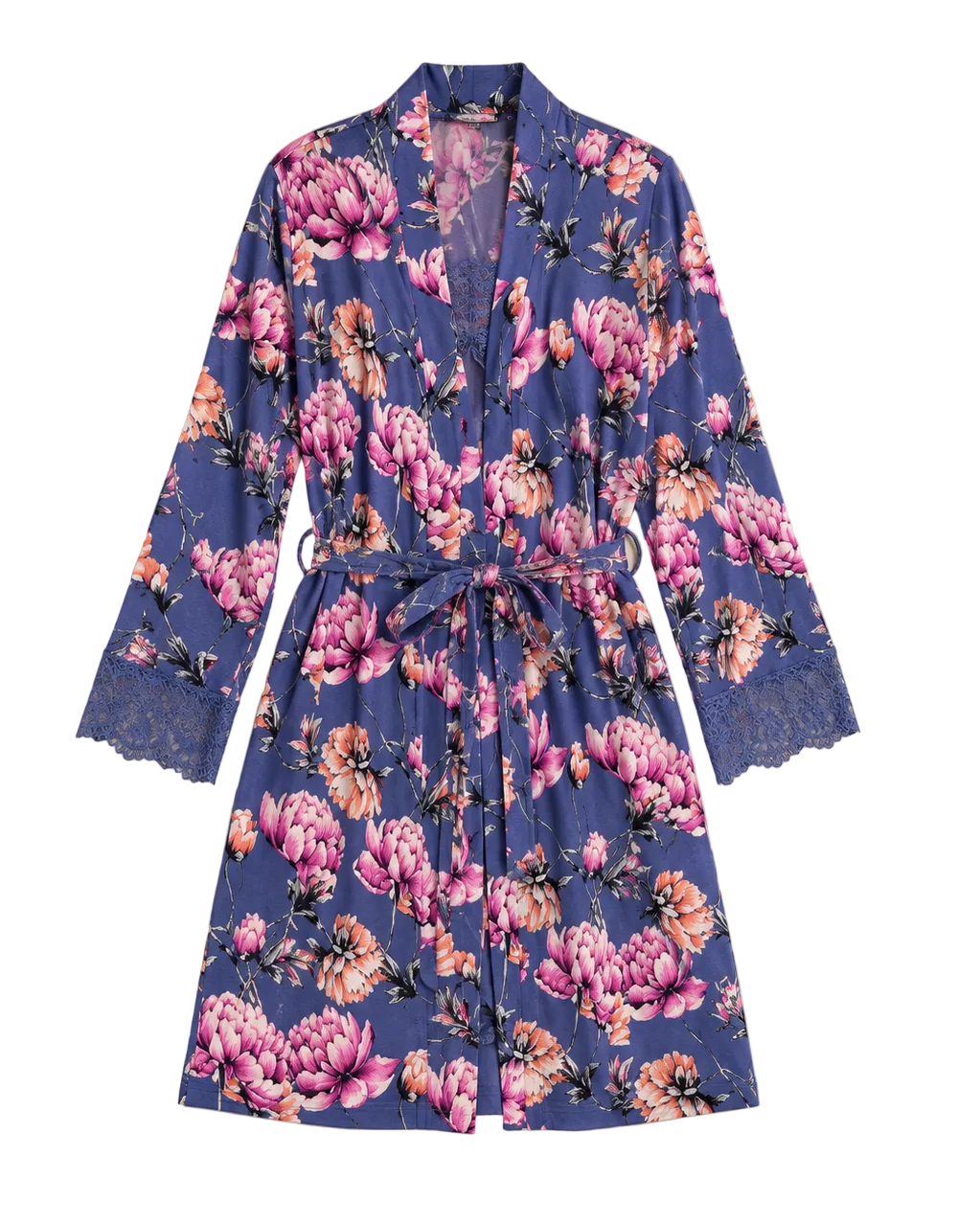 A 3/4 sleeve floral robe with a tie waist and lace trim at the cuffs, featuring a blue base with pink and purple peony patterns, laid flat on a beige background.