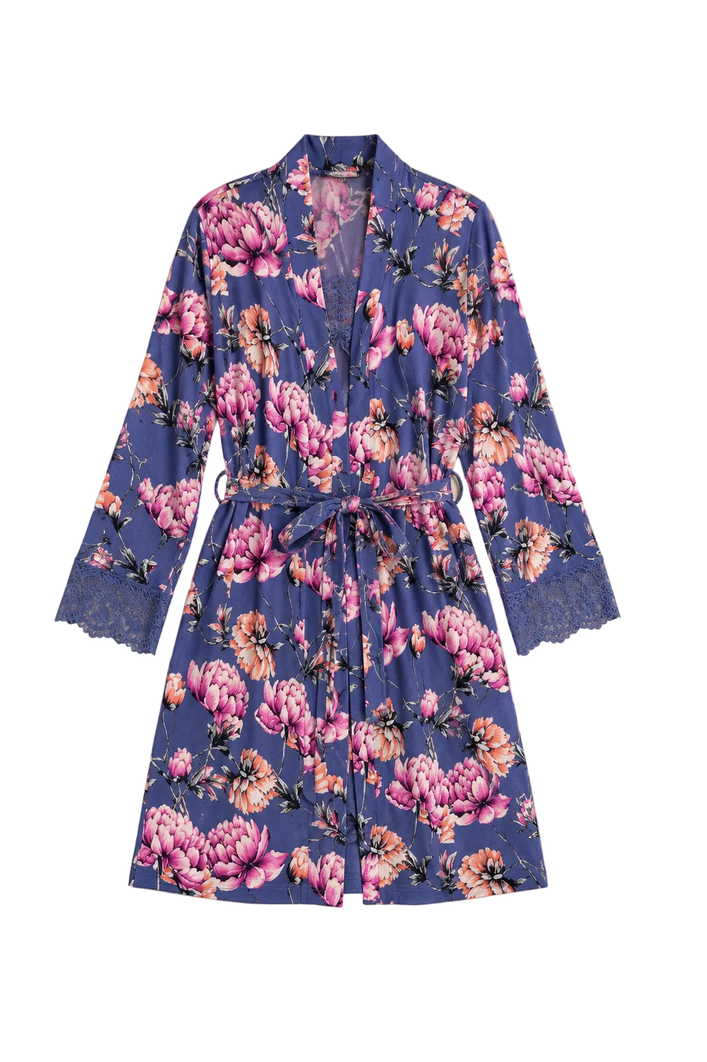 A 3/4 sleeve floral robe with a tie waist and lace trim at the cuffs, featuring a blue base with pink and purple peony patterns, laid flat on a beige background.