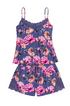 A two-piece women's pajama set featuring a blue floral camisole top and matching shorts, both decorated with pink and orange peony-style flowers and finished with lace trim, shown against a solid beige background.